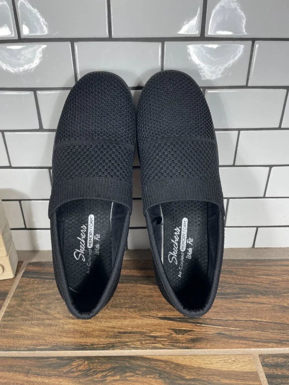 Skechers Pier Lite Shoes Womens Size 9 Wide Black Lightweight Slip On Wedge